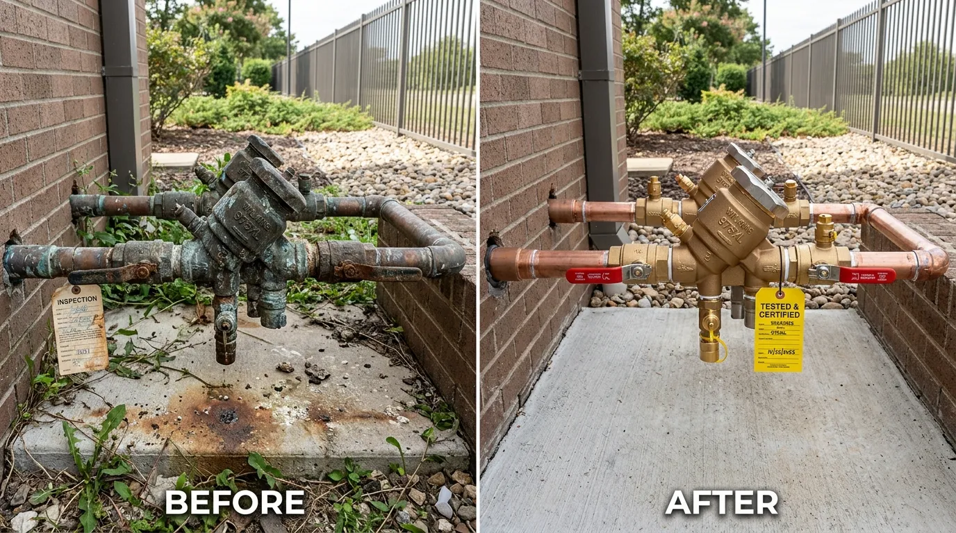 Before and after backflow assembly repair and replacement by Centennial Auro Plumbing in Aurora CO — damaged corroded backflow preventer restored to a properly installed certified assembly