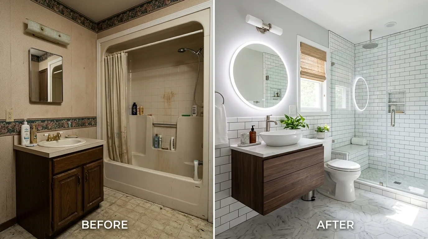 Bathroom Remodeling Before and After — Modern Bathroom Renovation by Centennial Auro Plumbing in Aurora, CO showing updated fixtures, tiling, shower, and plumbing upgrades