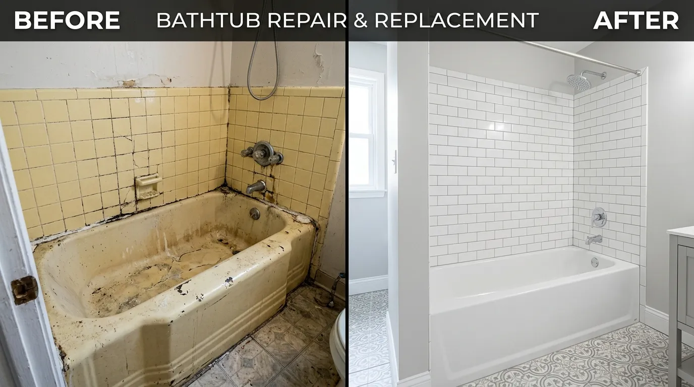 Bathtub Repair and Replacement Before and After - Centennial Auro Plumbing Aurora CO showing a damaged leaking bathtub transformed into a professionally repaired and newly installed tub