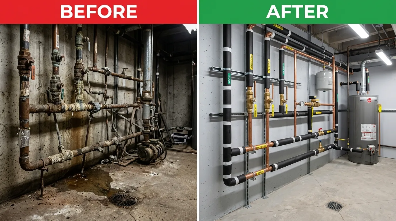 Commercial plumbing pipe repiping before and after transformation by Centennial Auro Plumbing in Aurora, CO — showing corroded piping replaced with new durable commercial-grade pipes for reliable building operations