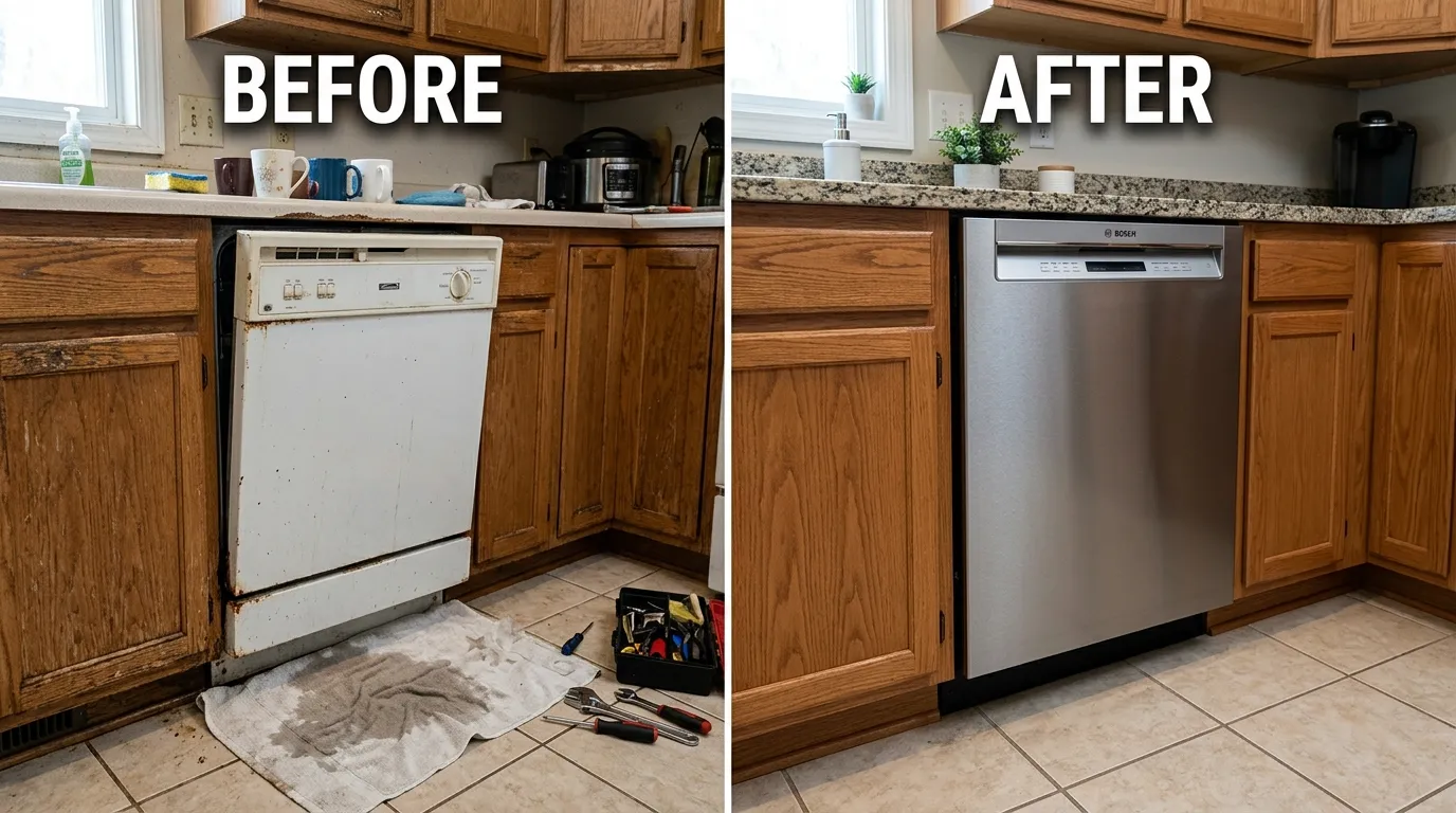 Before and after dishwasher plumbing repair and replacement by Centennial Auro Plumbing in Aurora CO — leaking corroded dishwasher connections restored to properly installed reliable plumbing