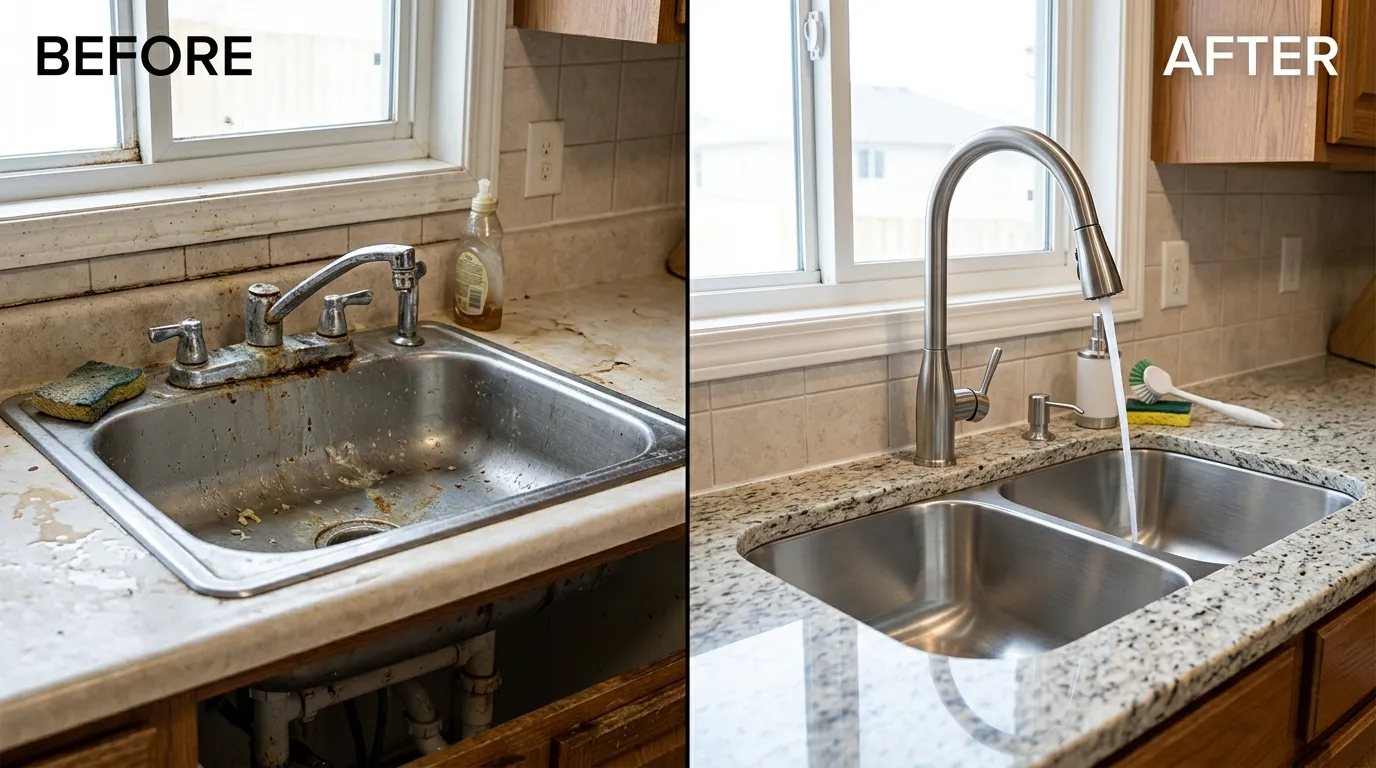 Faucet and sink repair and replacement before and after in Aurora CO by Centennial Auro Plumbing