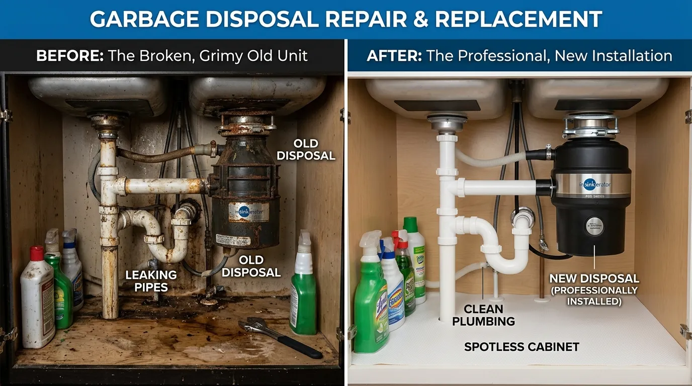 Before and after garbage disposal repair and replacement by Centennial Auro Plumbing in Aurora, CO