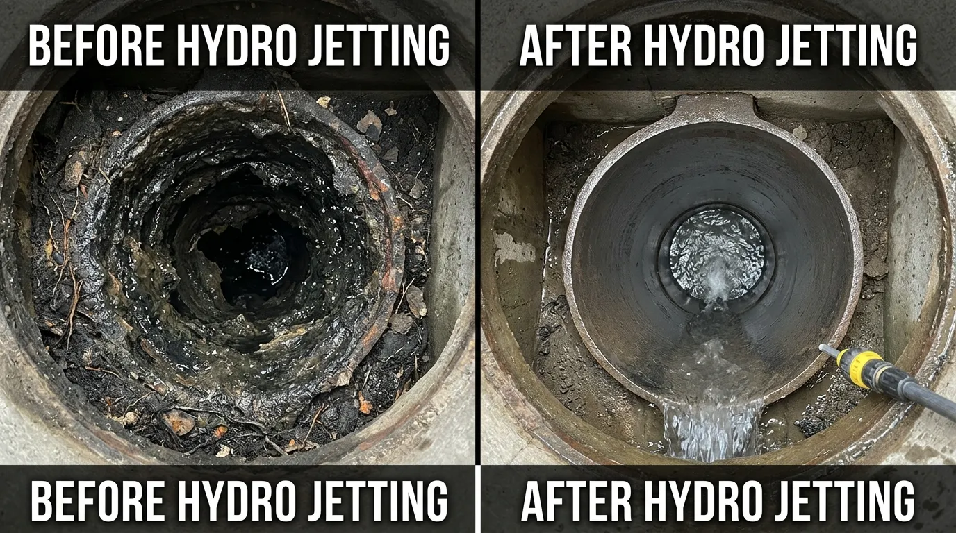 Before and after hydro jetting high-pressure drain cleaning by Centennial Auro Plumbing in Aurora CO — clogged grease-filled pipe interior restored to clean open drain line