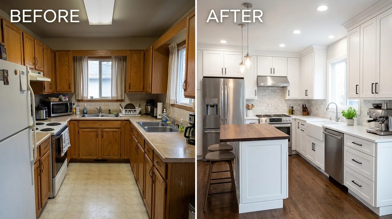 Kitchen Remodeling Before and After - Centennial Auro Plumbing Aurora CO showing an outdated kitchen transformed into a professionally remodeled kitchen with updated plumbing fixtures and appliance connections