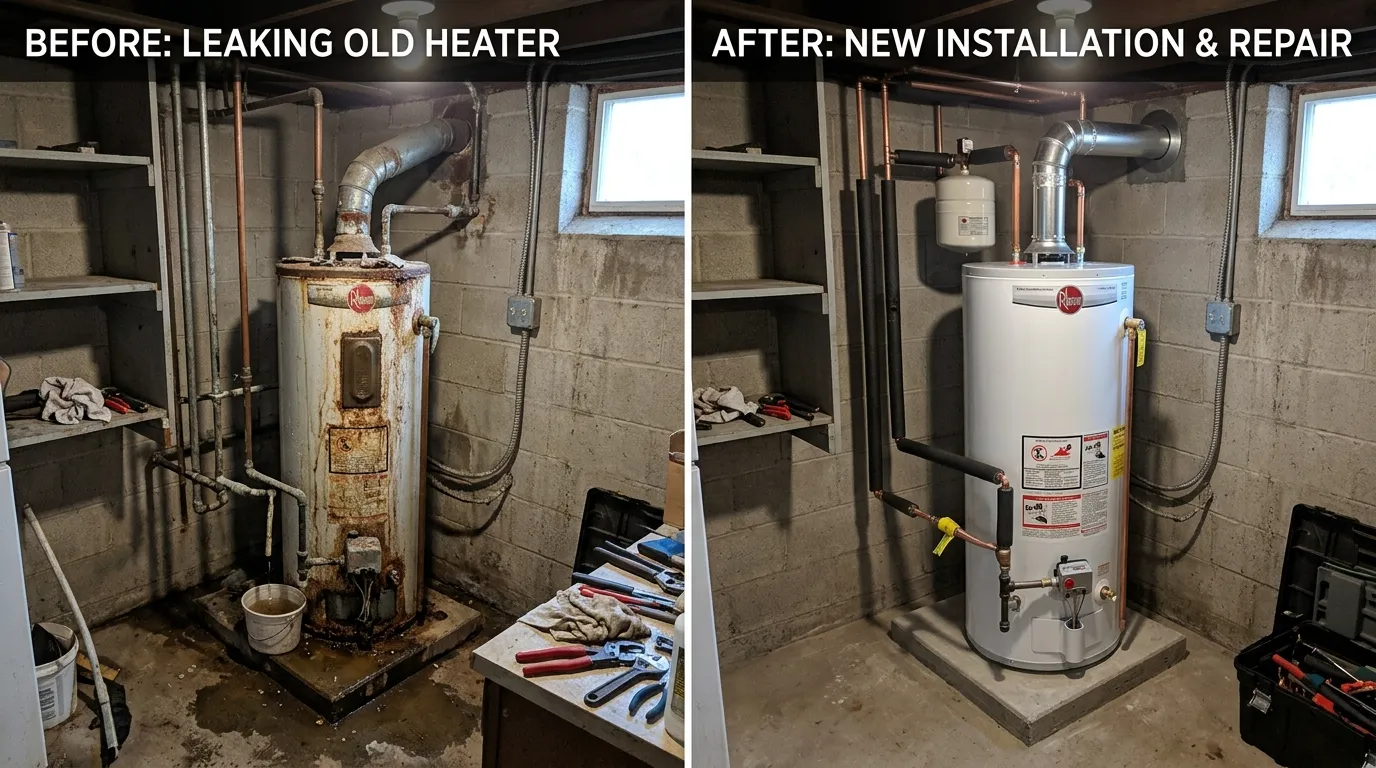 Leaking water heater replacement before and after in Aurora CO by Centennial Auro Plumbing