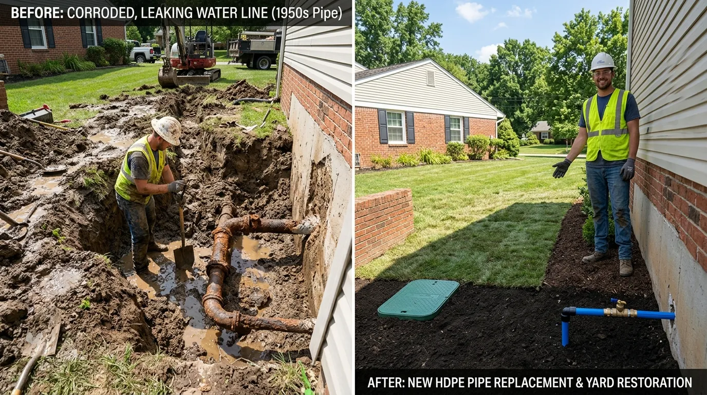 Main Water Line Repair and Replacement Before and After with Yard Restoration — Professional Water Supply Line Upgrade by Centennial Auro Plumbing in Aurora CO showing corroded old service line replaced with new water supply pipe and completed yard restoration