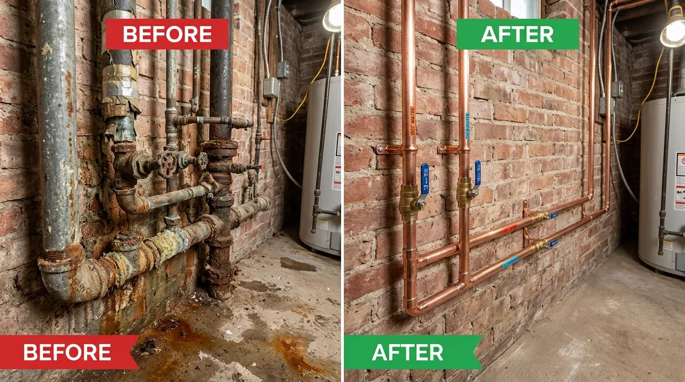 Pipe Repiping Repair and Replacement Before and After — Professional Pipe System Upgrade by Centennial Auro Plumbing in Aurora, CO showing corroded old pipes replaced with new PEX and copper water supply lines
