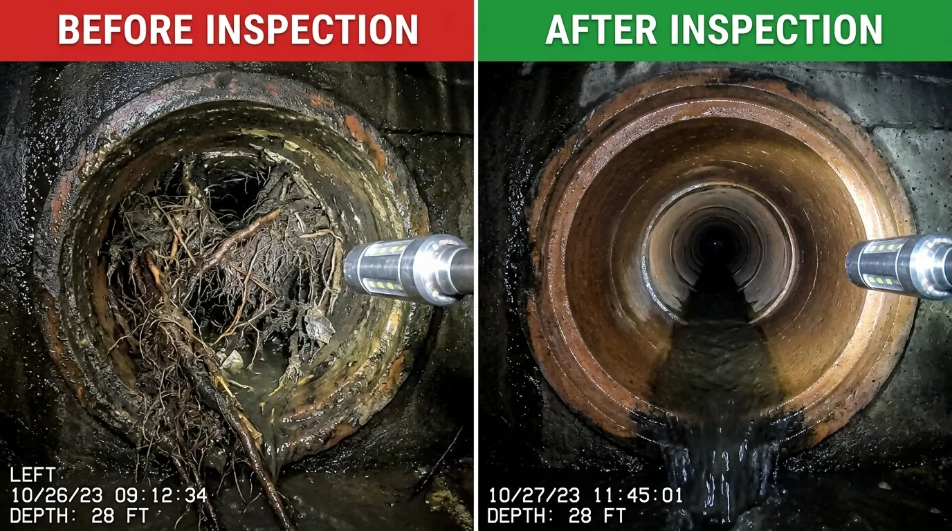 Sewer camera inspection before and after transformation by Centennial Auro Plumbing in Aurora, CO — showing live drain video diagnostics revealing root intrusion and pipe buildup with clear findings and targeted repair recommendations