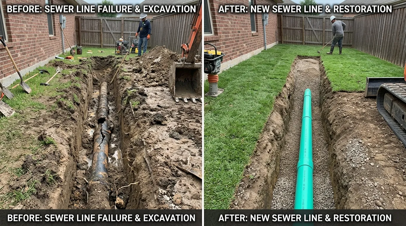 Before and after sewer line repair and replacement by Centennial Auro Plumbing in Aurora CO — damaged cracked sewer pipe with root intrusion restored to a new properly installed sewer line