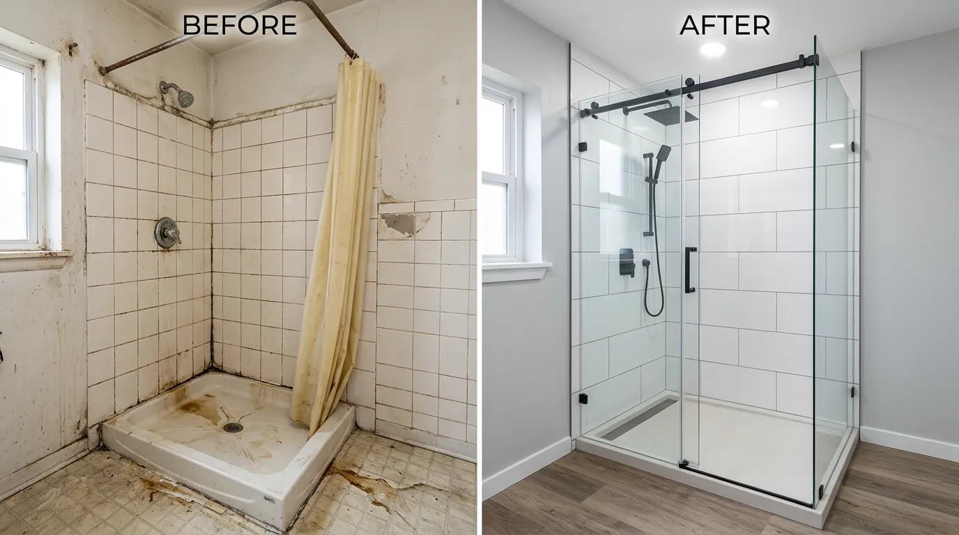 Shower Repair and Replacement Before and After - Centennial Auro Plumbing Aurora CO showing a leaking damaged shower transformed into a professionally repaired bathroom plumbing system