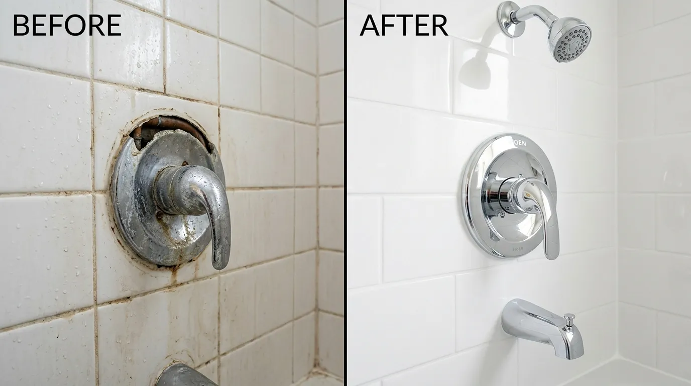 Shower Valve Repair and Replacement Before and After — Professional Shower Valve Upgrade by Centennial Auro Plumbing in Aurora CO showing old corroded valve cartridge replaced with new pressure-balancing valve and updated trim