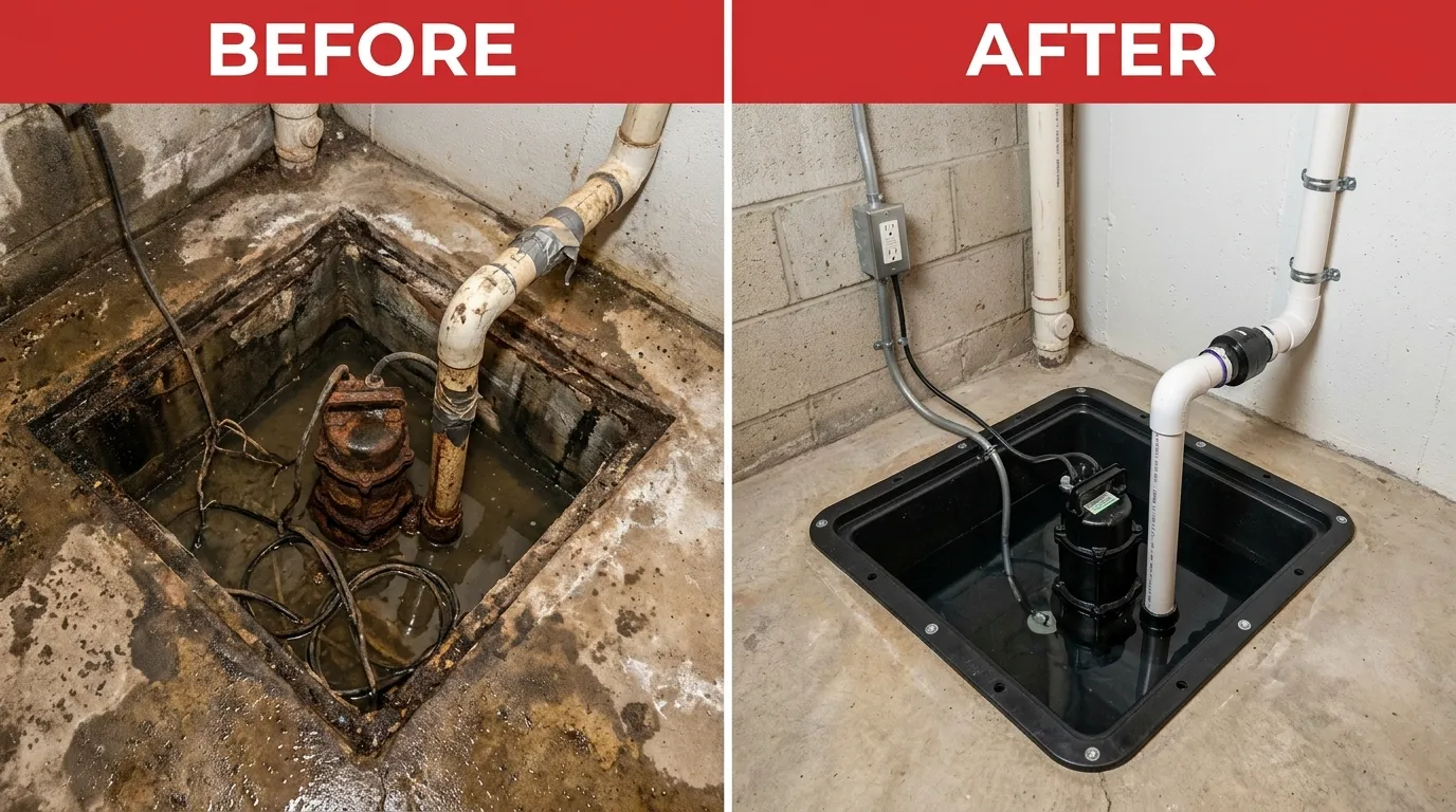 Sump pump repair and replacement before and after transformation by Centennial Auro Plumbing in Aurora, CO — showing failing corroded sump pump replaced with new properly sized submersible pump with discharge line and check valve for reliable basement flood protection