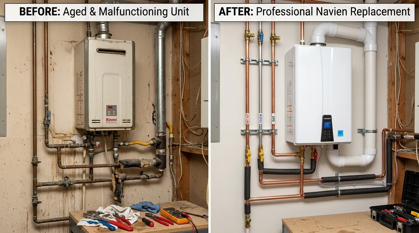 Before and after tankless water heater repair and replacement by Centennial Auro Plumbing in Aurora CO — failing scale-damaged tankless unit restored to a new properly installed on-demand water heater