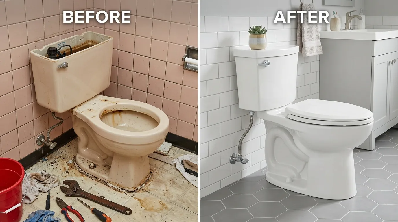 Toilet Repair and Replacement Before and After - Centennial Auro Plumbing Aurora CO showing a leaking running toilet transformed into a professionally repaired and fully functional restroom plumbing system