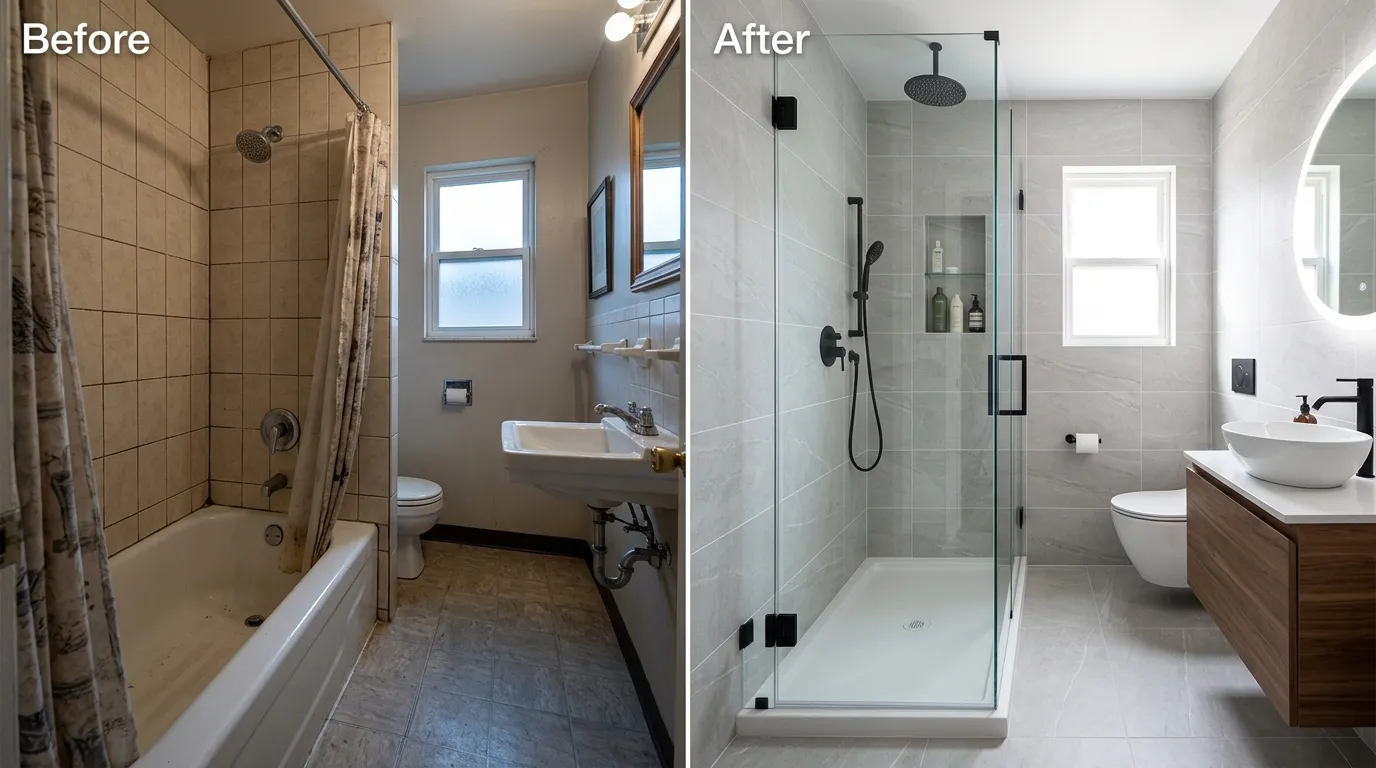Tub-to-Shower Conversion Before and After — Professional Bathtub to Walk-in Shower Upgrade by Centennial Auro Plumbing in Aurora CO showing removed bathtub replaced with modern accessible shower with new drain, valve, and plumbing connections