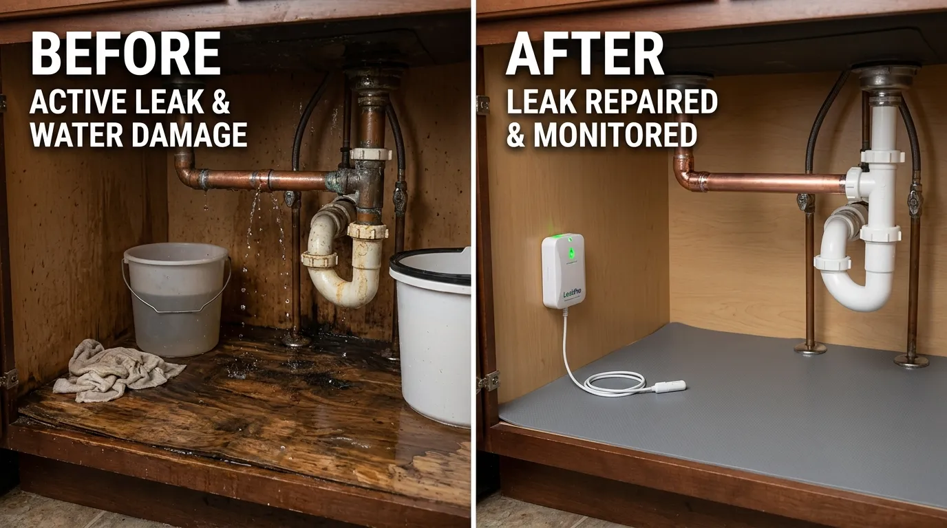 Water Leak Detection Before and After - Centennial Auro Plumbing Aurora CO showing an under-sink hidden water leak identified and professionally repaired with full plumbing assessment