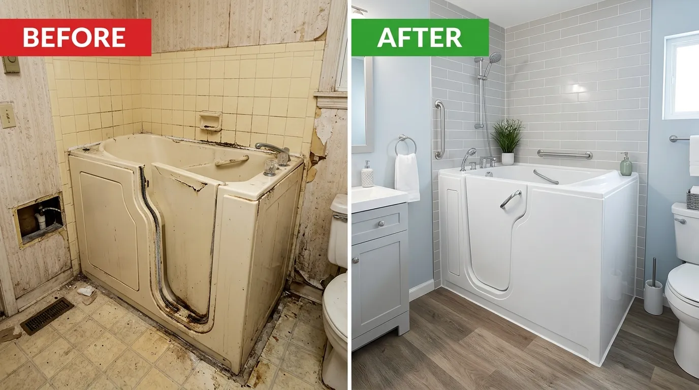 Walk-in tub repair and replacement before and after transformation by Centennial Auro Plumbing in Aurora, CO — showing failing walk-in tub with worn door seal and slow drain replaced with properly plumbed accessible bathing system for reliable safe senior bathing