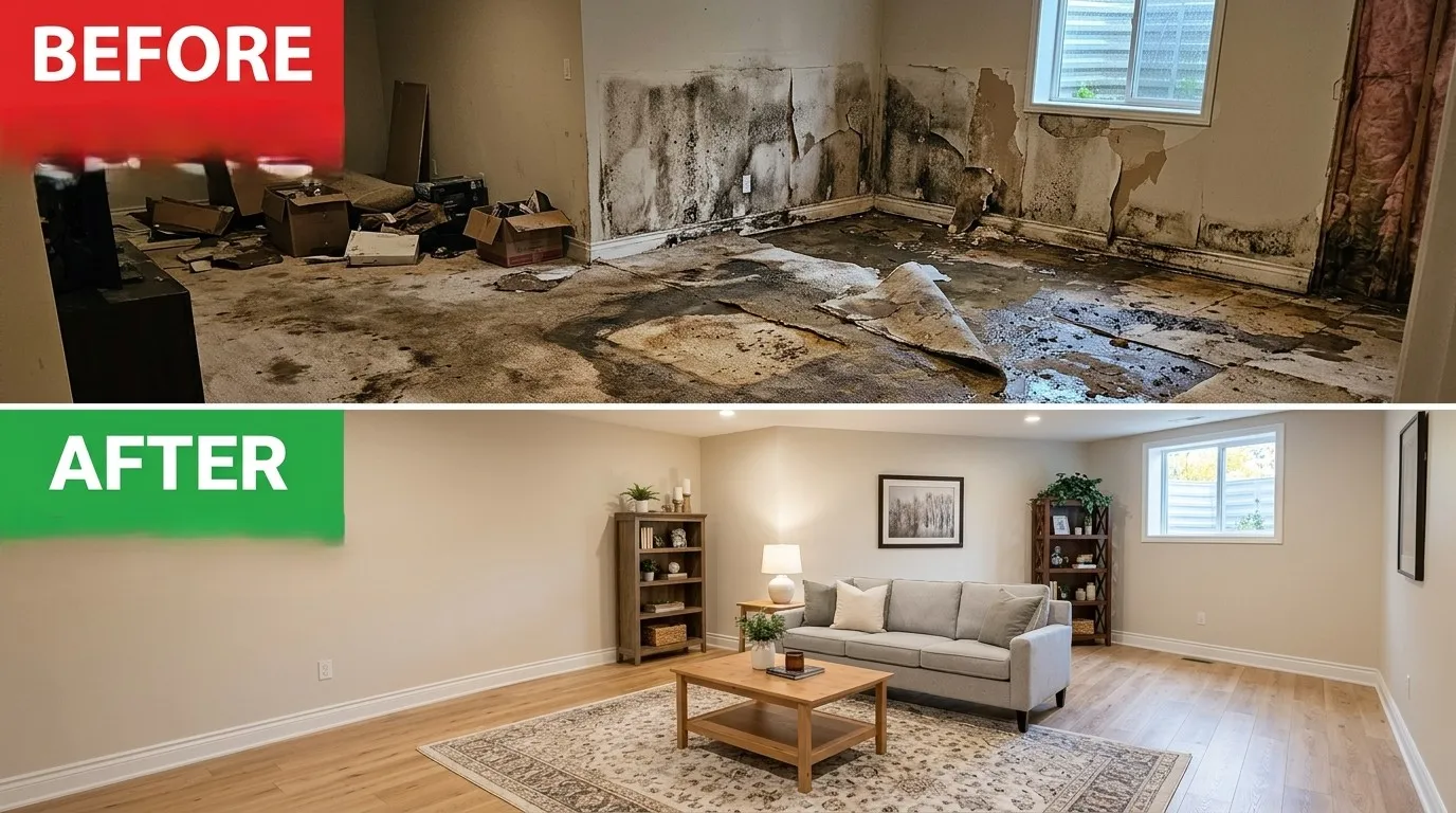 Before and after water damage restoration and plumbing source repair by Centennial Auro Plumbing in Aurora, CO