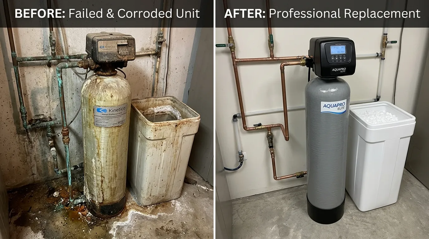Water softener repair and replacement before and after transformation by Centennial Auro Plumbing in Aurora, CO — showing failing water softener with salt bridge and control valve issues replaced with properly plumbed new softener system for reliable hard-water treatment and scale protection